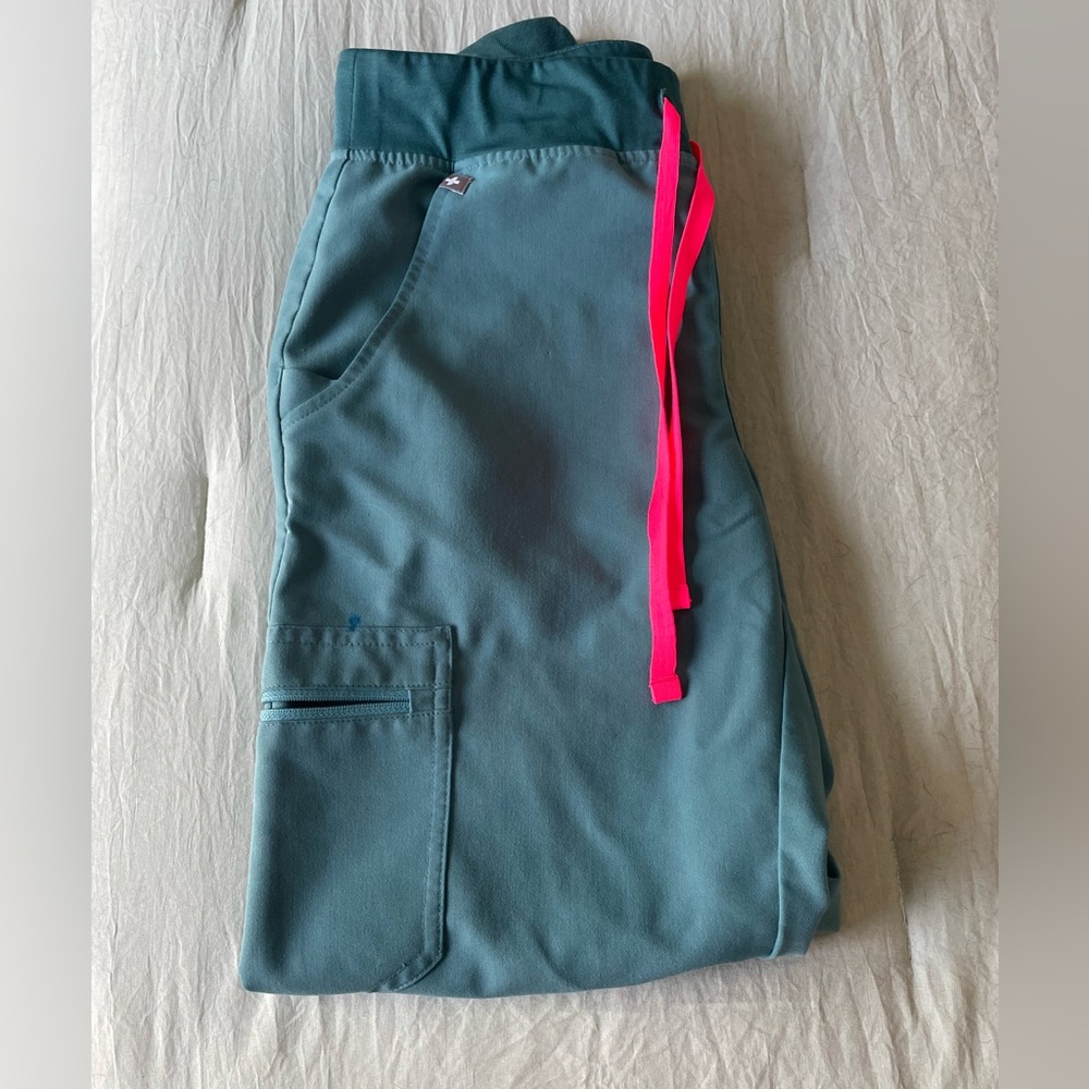 Figs Women's Track Pants in Teal with Pink Accents